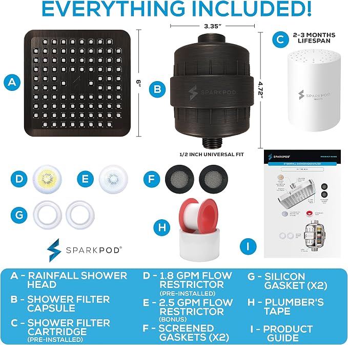 SparkPod 23-Stage Filtered Shower Head, 6" Square, Oil-Rubbed Bronze | Filtered Shower Head for Hard Water Filter, High Pressure, Reduces Chlorine, Heavy Metals, For Dry Skin & Hair