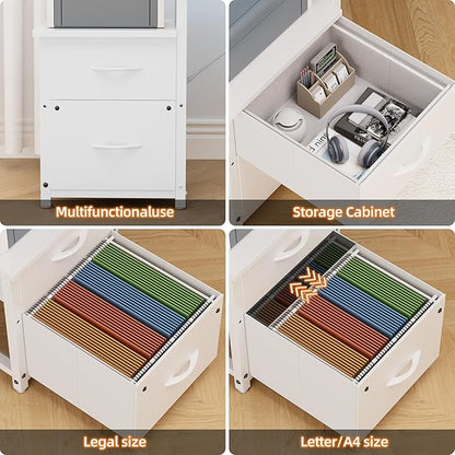Office Desk L Shape with File Drawers&Power Outlet,YOUNGAR 69.3 Inch Reversible L Shaped Computer Desks,Corner L Shape or Long Desk Set up Monitor Stand &Storage Shelves LED Lights&CPU Stand,All White