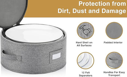 China Storage Container for Dinner Plate - Fit plates up to 11.5" W - Includes 12 Thick Felt Dividers. Hard Shell and Stackable with Padded Interior