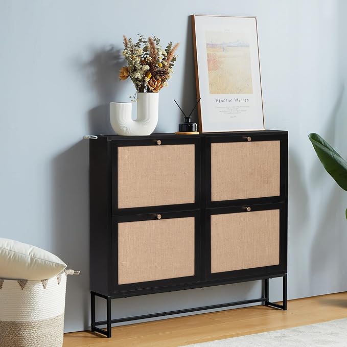 Shoe Cabinet, Shoe Storage Cabinet with 4 Flip Drawers, Freestanding Shoe Organizer Shoe Rack for Entryway, Hallway, Living Room (Black - 4 Tiers)