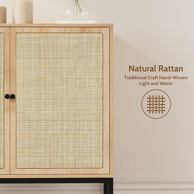 Yechen Set of 2 63" Sideboard Cabinet with Natural Rattan Doors, Buffet Console & Accent Cabinet, Rattan Credenza Storage with Metal Legs for Living Room, Kitchen, Dining Room