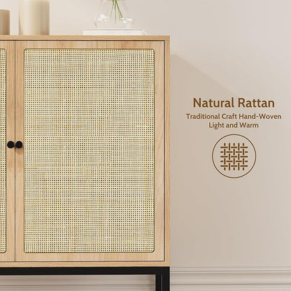 Yechen 31.5" Sideboard Cabinet with Natural Rattan Decorated Doors, Rattan Cabinet, Accent Buffet Console Storage Cane Credenza Cupboard, for Living Room Dining Room Entryway Kitchen, Metal Legs