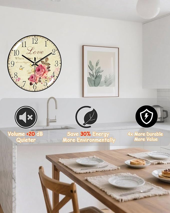 Decorative Wall Clocks Batterys Operated, Retro Wall Clock with Glass Dial, 12-Inch Dial with Roman Numerals, Silent and No Ticking, Suitable for Living Room, Bedroom, Dining Area, Workspace