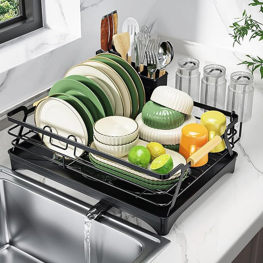 Epicano Dish Drying Rack for Kitchen Counter,Space-Saving Dish Rack,Rustproof Dish Drainer with Utensil Holder and Knife Slots for Sink,Kitchen Drying Rack with Wooden Handle and Cup Holder, Black