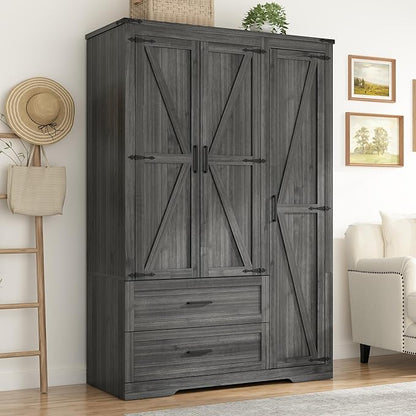 St.Mandyu Farmhouse Wardrobe Armoire Closet with 3 Doors and 2 Drawers, 70.1" Wooden Clothing Storage Cabinet, Freestanding Large Capacity Storage Wardrobe Armoire with Hanging Rod for Bedroom, Grey