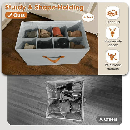 4 Pack Shoe Organizer for Closet,Foldable Shoe Storage Organizer with Adjustable Dividers, Shoe Storage Box with Clear Cover, Fits up to 32 Pairs, Gray