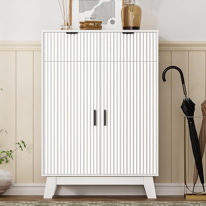 Shoe Cabinet Storage for Entryway, 4 Tier Fluted Shoe Storage Cabinet with 2 Drawers, Narrow Hidden Shoe Organizer with Adjustable Shelves, Freestanding Shoe Rack for Entryway, Hallway, White