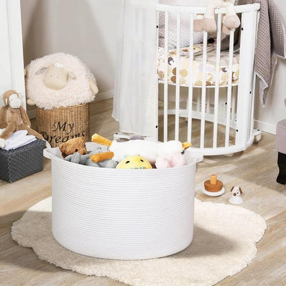 MEGASKET White Cotton Rope Storage Basket, 22" X 22" X 14" Extra Large Blanket Storage Living Room, XL Soft Toy Bin for Organizing, Woven Baby Laundry Basket with Handle, White Wicker Hamper Nursery