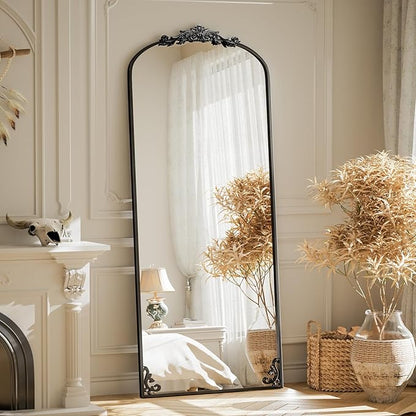 BEAUTYPEAK 65"x24" Arch Mirror Full Length, Traditional Vintage Ornate Baroque Mirror with Bottom Corner Pattern, Hanging or Leaning for Entryway/Bathroom/Fireplace/Bathroom, Black