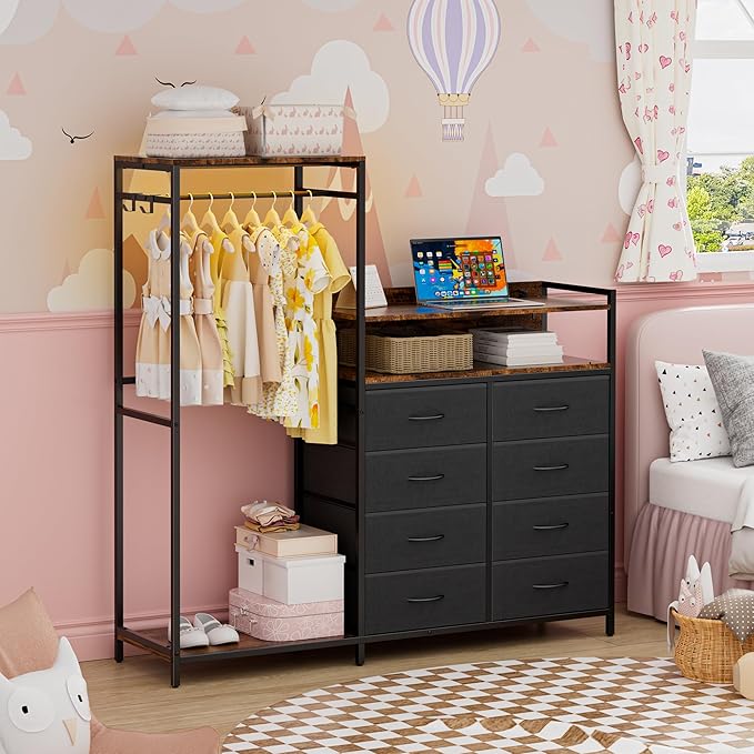 Dresser with Clothes Rack,58" H Clothing Rack with Fabric Drawers & LED Lights,Clothes Racks for Hanging Clothes,8 Drawers Dresser,Garment Rack for Bedroom with Charging Station,Grey
