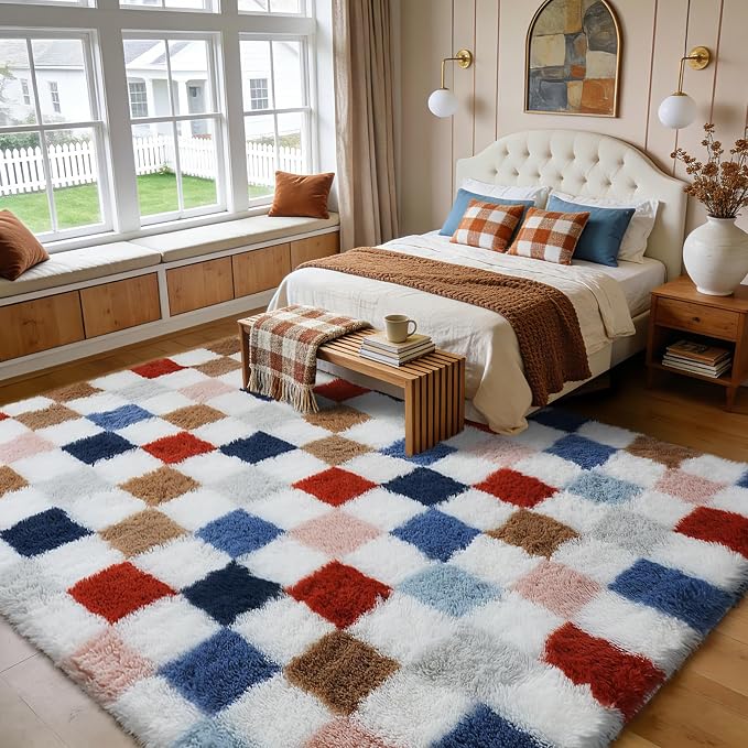 Large Shag Area Rug for Bedroom Living Room,9x12 Fluffy Soft Colorful Checkered Rug Fuzzy Shaggy Bedroom Carpet,Indoor Plush Floor Rugs for Teen Dorm Home Decor