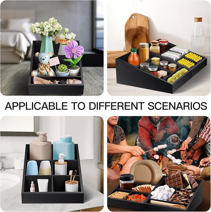 MINCORD Coffee Station Organizer Coffee Condiment Service Tray with 9 Compartment for Counter, Wood Coffee Bar Supplies Organizer for Home Office Breakroom Two-in-One Black
