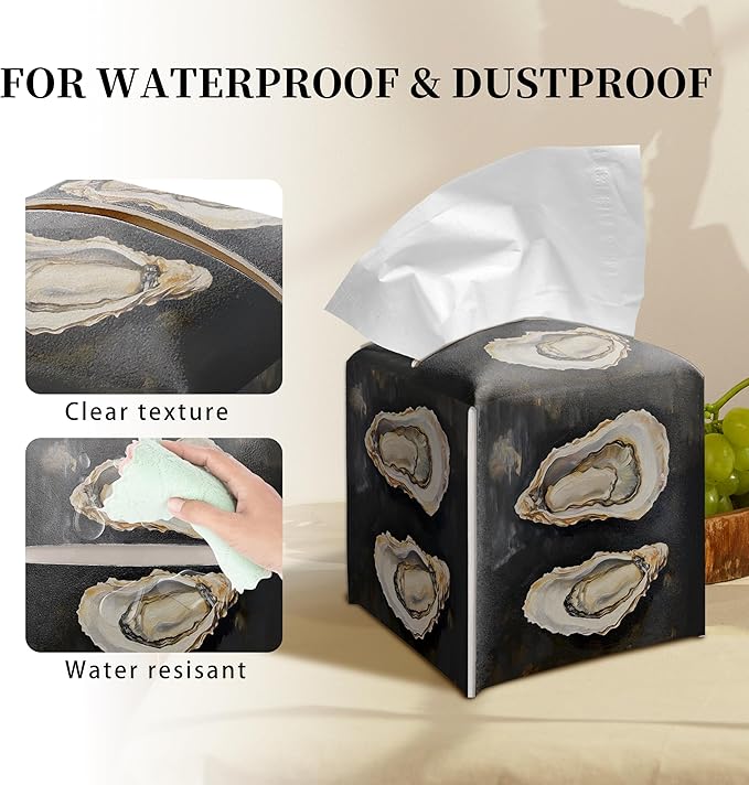 Grace Yonks Modern Tissue Box Cover Square - Painted Oyster Trio Design 5.2" PU Leather Holder for Vanity, Desk, or Bathroom Counter - Cube Case for Facial Tissues. (113)