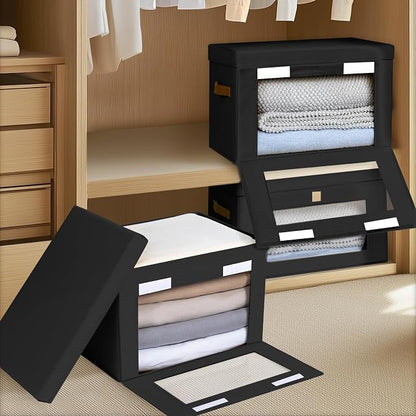 Homsorout Large Closet Storage Bins - Collapsible Clothes Organizer with Handles & Window, Decorative Boxes with Lids, Linen Closet Organizers for Living Room, Dorm, 5 Pack, Black