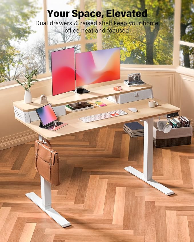FiCiHi Standing Desk with Drawers, C-Clamp Mount Compatible, 55x24 Inch Electric Adjustable Height Computer Stand Up Desks, Home Office Sit Stand Table with 3 Preset Heights & 2 Hooks, Natural