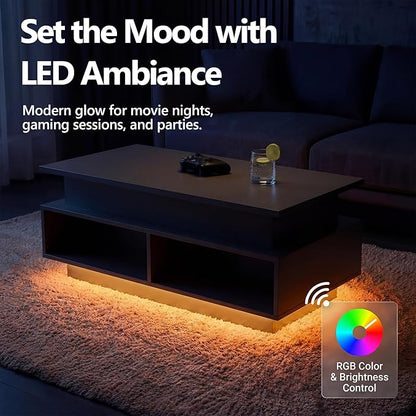 YESHOMY 40" Lift Top Coffee Table with Hidden Storage & Multi-Color LED Lights, Modern Square Wood Table with 4 Open Shelves for Living Room and Small Space, Black