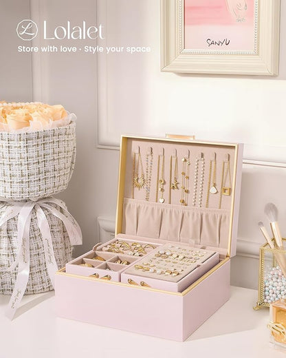 Lolalet Jewelry Box Organizer for Women Girls, 2 Layer Jewelry Organizers and Storage for Necklace Earrings Rings Bracelets, Large Jewellery Holder Case Birthday Gifts -Pink