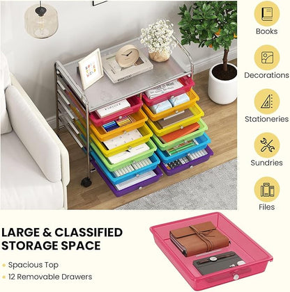 Giantex 12 Drawers Rolling Cart, Mobile Storage Drawer Cart, Classroom Organizer Cart for Office School Supplies Tools Scrapbook Paper Craft Small Printer, Utility Cart on Wheels, Rainbow