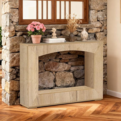 46 Inch Entryway Table U-Shaped, Wooden Console Table with Socket Farmhouse Sofa Table for Entrance, Hallway, Living Room,Behind Couch((Natural Brown)