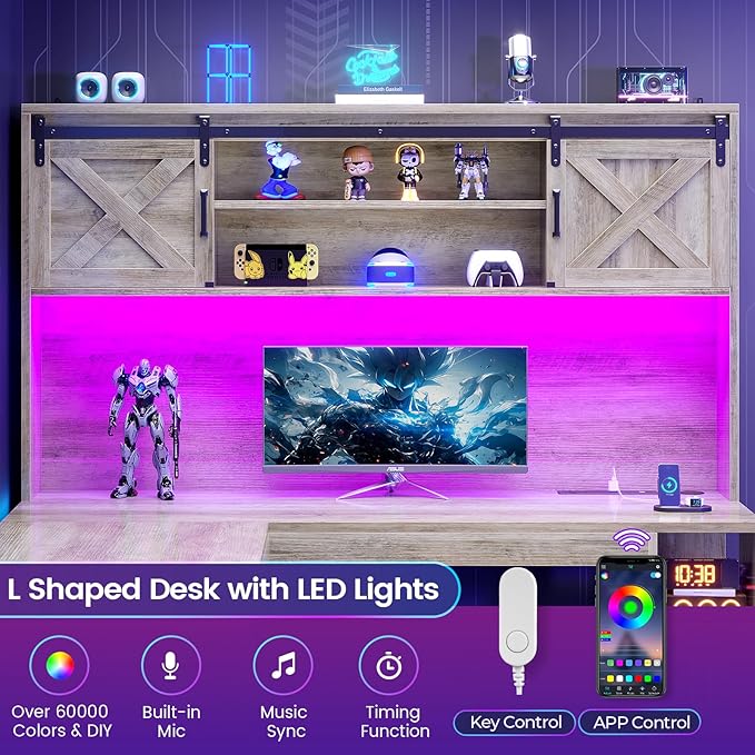 SEDETA 67" Farmhouse L Shaped Desk with Hutch, Home Office Desks with Drawers & Sliding Doors, Corner Computer Desk with Storage Shelves & Power Outlets, Executive Desk with LED Lights, Grey