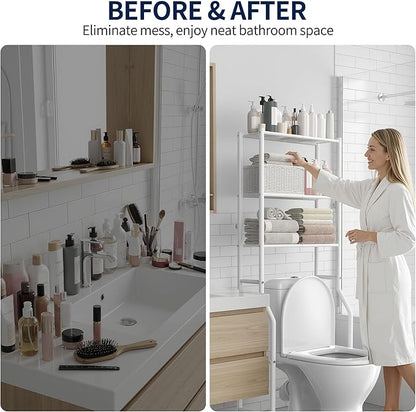 GloTika 3-Tier Over Toilet Storage Rack, Metal Over Toilet Bathroom Organizer Shelf, Freestanding Space Saver Storage Shelves for Bathroom/Laundry/Living Room (White)