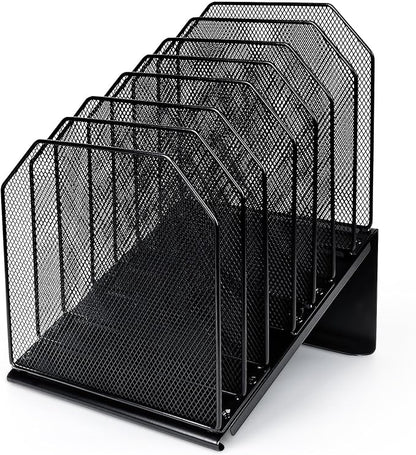 SUMMORO Inclined File Organizer for Desk, 7-Section Vertical File Folder Holder Office Desk Organizer Metal Rack File Wire Mesh Desktop Document Sorter for Office School Classroom Home (Black)