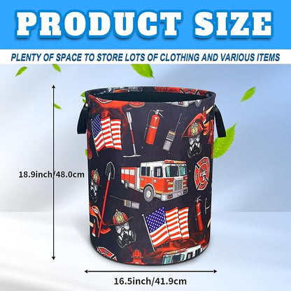 Fire Truck Fireman Laundry Basket Firefighters Oxford Cloth Laundry Hamper With Handle Foldable Portable Clothes Storage Basket 18.9 X 16.5 In Storage Bag For Laundry Room/Bathroom/Bedroom/Dormitories