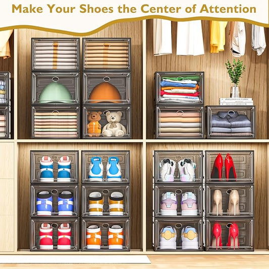 12 Pack Clear Shoe Storage Organizer with Magnetic Door, Stackable Plastic Shoe Boxes for Sneakers, Boots, and Heels, Space-Saving Foldable Shoe Rack for Closet, Durable Shoe Cabinet Organizer, Black