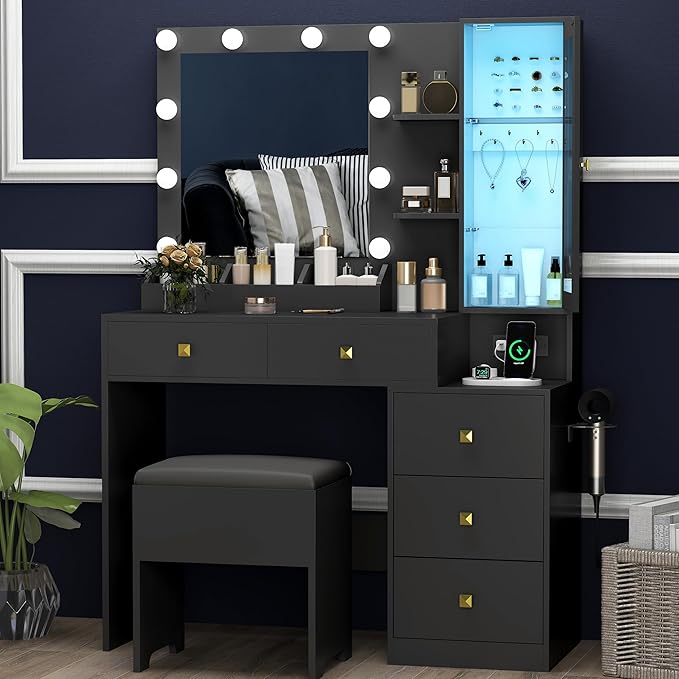 Vanity Desk with Mirror and Lights,Makeup Table & RGB Storage Cabinet,Large Drawer & Storage Shelves,5 Drawer,Bedroom Dressing Table, Black