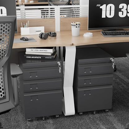 SUXXAN 3 Drawer Under Desk Mobile File Cabinet with Lock, Metal Storage Cabinet for Office & Home, Legal/Letter Size, Fully Assembled Except Wheels, Black
