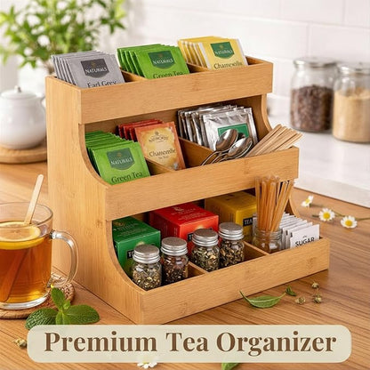 Tea bag organizer with 3-tier storage & 4 matching coasters. Fully assembled. Deluxe bamboo tea organizer for tea bags, coffee pods, condiments and pantry organization. Holds up to 180 tea bags.
