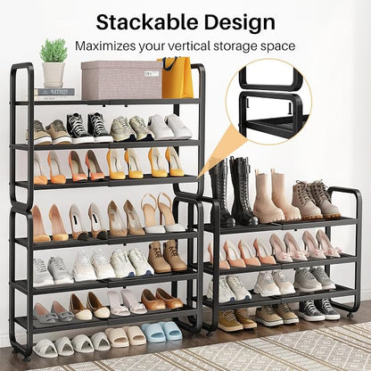 SNTD Shoe Rack - Expandable Shoe Organizer for Closet, Adjustable Metal Shoe Shelf Storage, Stackable Long Shoe Stand Holder for Garage, Entryway, Door Entrance (Black, 3-Tier)