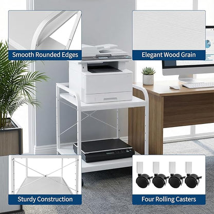 Garvee Under Desk Printer Stand, 2 Tier Printer Stand with Height Adjustable Storage Shelf, 20" Deep Large Rolling Printer Cart with Wheels for Home Office, White