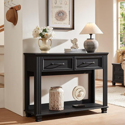Farmhouse 46" Console Table with 2 Drawers, Rustic Wood 2 Tier Entryway Table with Open Storage Shelf for Entry, Large Mid-Century Vintage Sofa Tables Behind Couch for Living Room, Black