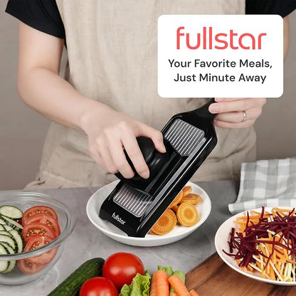 Fullstar 2-in-1 Handheld Mandoline Slicer for Kitchen - 4 Thickness Settings Vegetable Food Onion Slicer, Sharp Julienne Blade, Stainless Steel Guard, Easy to Use, Veggie Slicer & Fruit Cutter (Black)
