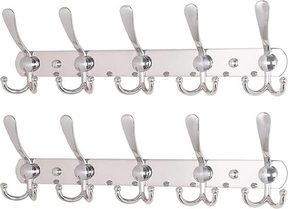 Dseap Wall Mounted Coat Rack - 5 Tri Hooks, Heavy Duty, Stainless Steel, Metal Coat Hook Rail for Coat Hat Towel Purse Robes Mudroom Bathroom Entryway (Chromed, 2 Packs)