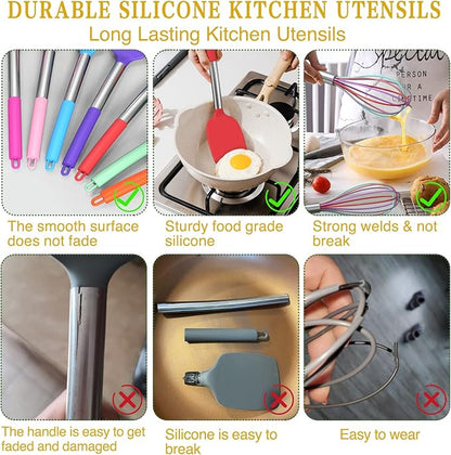 Umite Chef Kitchen Utensils Set, 15 pcs Silicone Cooking Kitchen Utensils Set, Non-stick Silicone Stainless Steel Handle Turner Spatula Spoon Tongs Whisk Cookware - Colorful