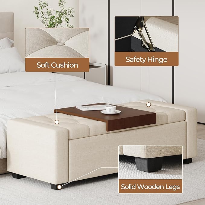 Storage Ottoman Bench with Tray,47" Ottoman with Storage for Living Room, Rectangular Bench with Cushion and Safety Hinge for Bedroom,Holds up to 400 lb,Beige