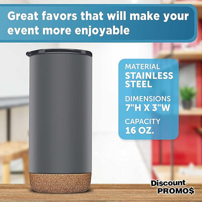 DISCOUNT PROMOS Travel Tumblers with Cork Bottom 16 oz. Set of 10, Bulk Pack - Double Wall Insulated, Matte Finish, Perfect for Iced Coffee, Soda, Other Beverages - Grey