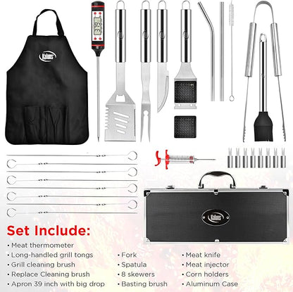 Kaluns 32 Psc Grilling Accessories, Dad Gifts for Fathers Day, Heavy Duty Stainless Steel Grill Set BBQ Grill Accessories for Outdoor Grill with Aluminum Case and Apron, Best Gifts for Men