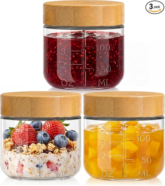 HomArtist 4oz Glass Salad Dressing Containers with Bamboo Lids - 3 Pack Small Airtight Condiment Cups, Mini Sauce Jars for Picnic, Ketchup, Dip & Snacks, Leakproof, BPA-Free & Dishwasher Safe