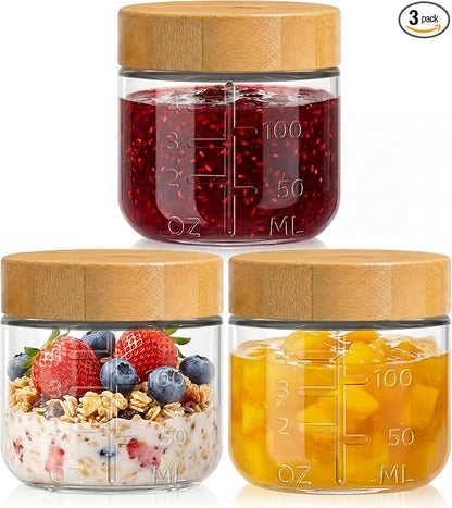 HomArtist 4oz Glass Salad Dressing Containers with Bamboo Lids - 3 Pack Small Airtight Condiment Cups, Mini Sauce Jars for Picnic, Ketchup, Dip & Snacks, Leakproof, BPA-Free & Dishwasher Safe
