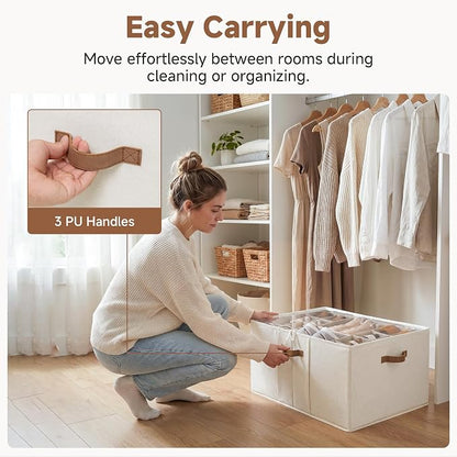 StorageWorks Shoe Organizer for Closet, Fits up to 24 Pairs, Shoe Cubby Storage Containers with Adjustable Dividers and Clear Cover, Beige