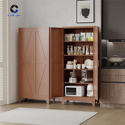 COFaR 71 in Tall Kitchen Pantry Cabinet, Metal Pantry Storage Cabinet with 4 Adjustable Shelves and 2 Barn Doors, Freestanding Farmhouse Food Cupboard for Dining Room, Brown 5-Tier