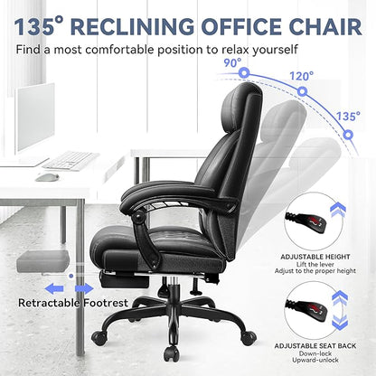 Office Chair, Big and Tall Office Desk Chair, Reclining Office Chair with Footrest Home Office Desk Chairs, High Back Ergonomic with Lumbar Support, Executive Leather