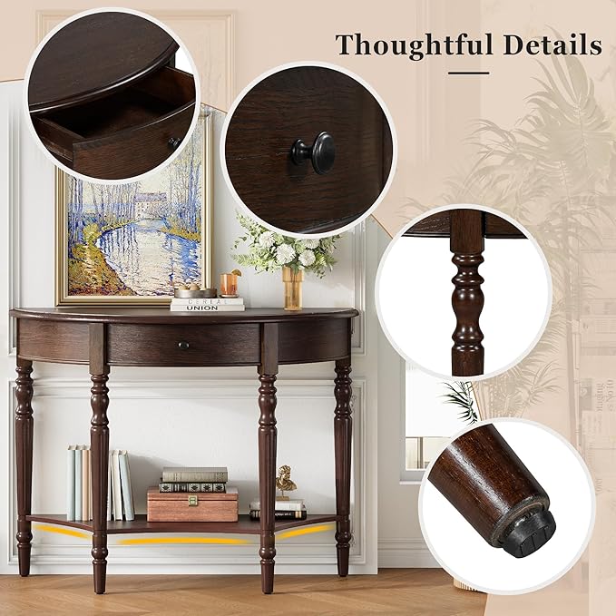 Amposei Small Curved Console Table 39-Inch Retro Farmhouse Wood Entry Sofa Table with Drawer & Storage Shelf for Living Room Hallway Entryway Furniture, Espresso