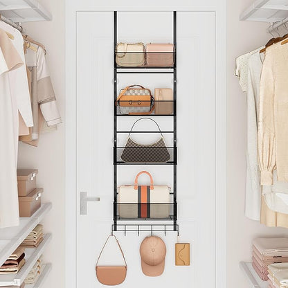 SWTYMIKI Over The Door Purse Organizer - Wall Mounted Purse Rack with 4 Adjustable Metal Basket and 6 Hooks, Hanging Bag Rack for Handbag Organizer, Bag Storage Can Use As 1/2 Part, for Door, Closet