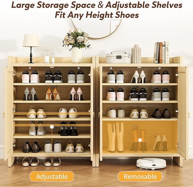 Shoe Cabinet Storage for Entryway - Rattan Entry Way Shoe Storage Cabinet with Adjustable Shelves, Wood Shoe Organizer Cabinet, Accent Cabinet with Doors for Entrance Hallway Living Room Foyer