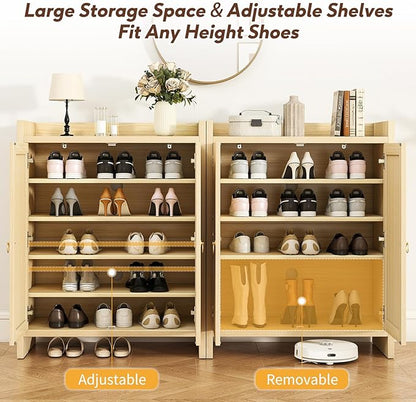 Shoe Cabinet Storage for Entryway - Rattan Entry Way Shoe Storage Cabinet with Adjustable Shelves, Wood Shoe Organizer Cabinet, Accent Cabinet with Doors for Entrance Hallway Living Room Foyer
