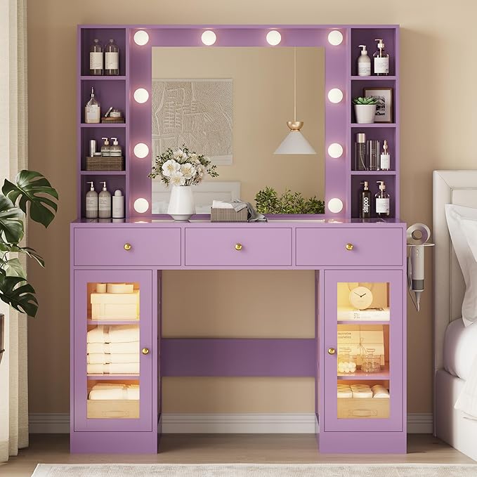Makeup Vanity Desk with Mirror and Lights, Glass Top Vanity Table Set with Drawers & Power Outlet, Large Dressing Table with 3 Color Lighting Modes & RGB Cabinets for Women Girls Kids Bedroom, Purple